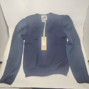 Hev Navy V-Neck Knit Top with Puffed Shoulders